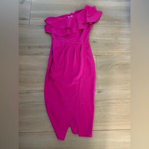 NEW GRACE KARIN Pink One Shoulder Ruched Wrap Layered Ruffle Slit Dress M